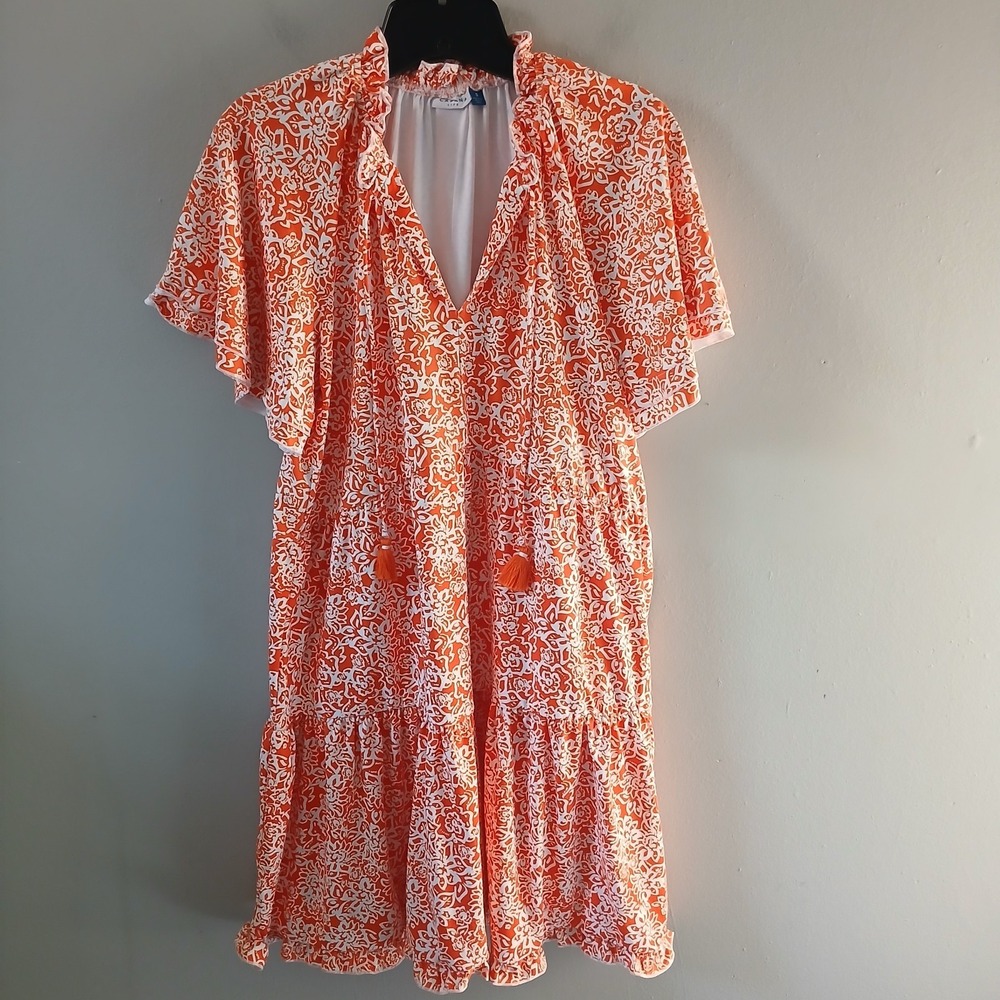 Cabana Life Size S Orange Game Day Short Sleeve Tiered‎ Dress Ruffle Hem Tassels